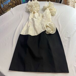 Tadashi Shoji Ivory and Black Midi Dress with Floral Accent